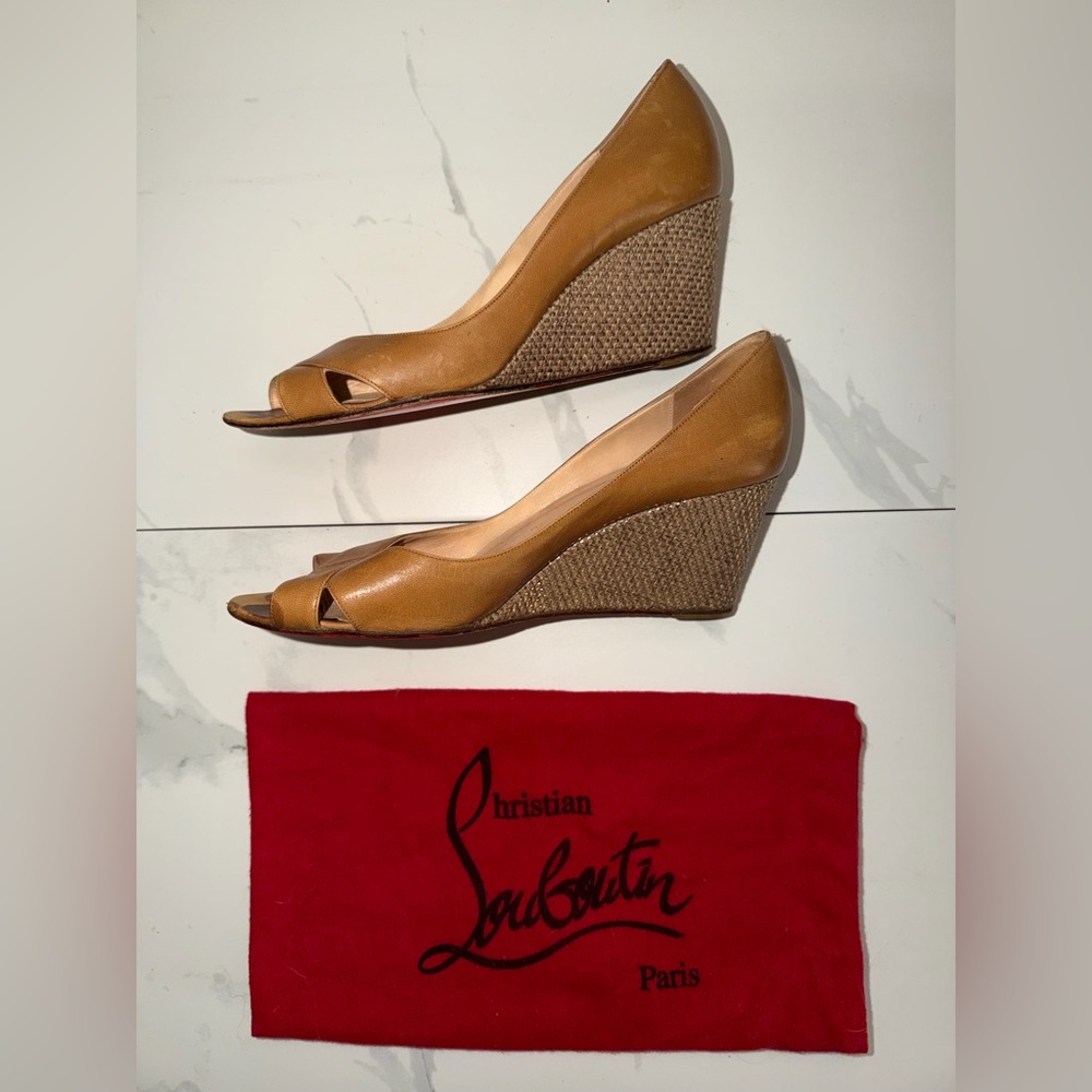 Christian Louboutin Tan Leather Wedge Espadrilles Red Bottom PeepToe Heels EU40 - Picture 3 of 13